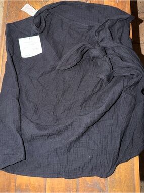 Black Tie-Detail Swim Cover Up - Lightweight Textured Fabric